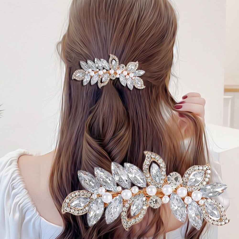 Faux Pearl Golden Hair Barrette Statement Silver Tone Leaves Natural Rhinestone